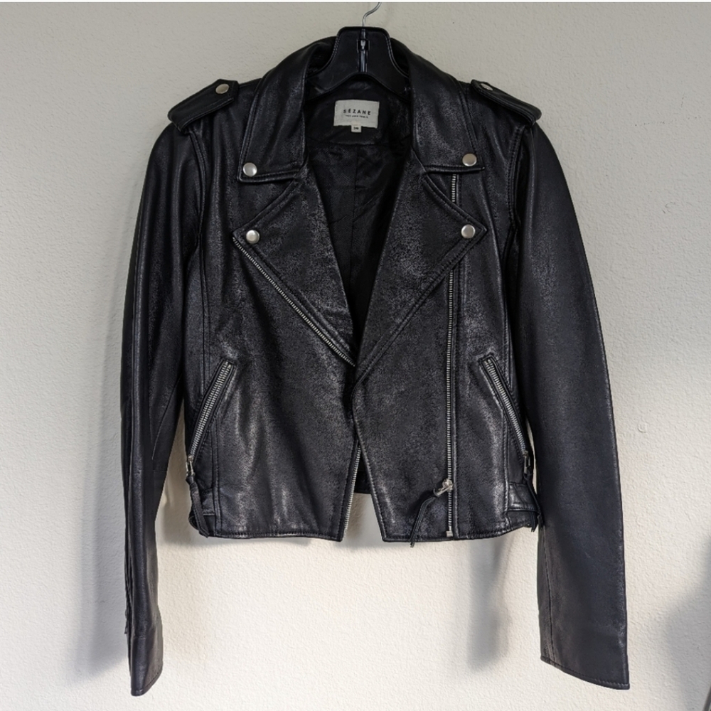 Sezane Zig Zag Biker Black Leather Jacket Small Size 36